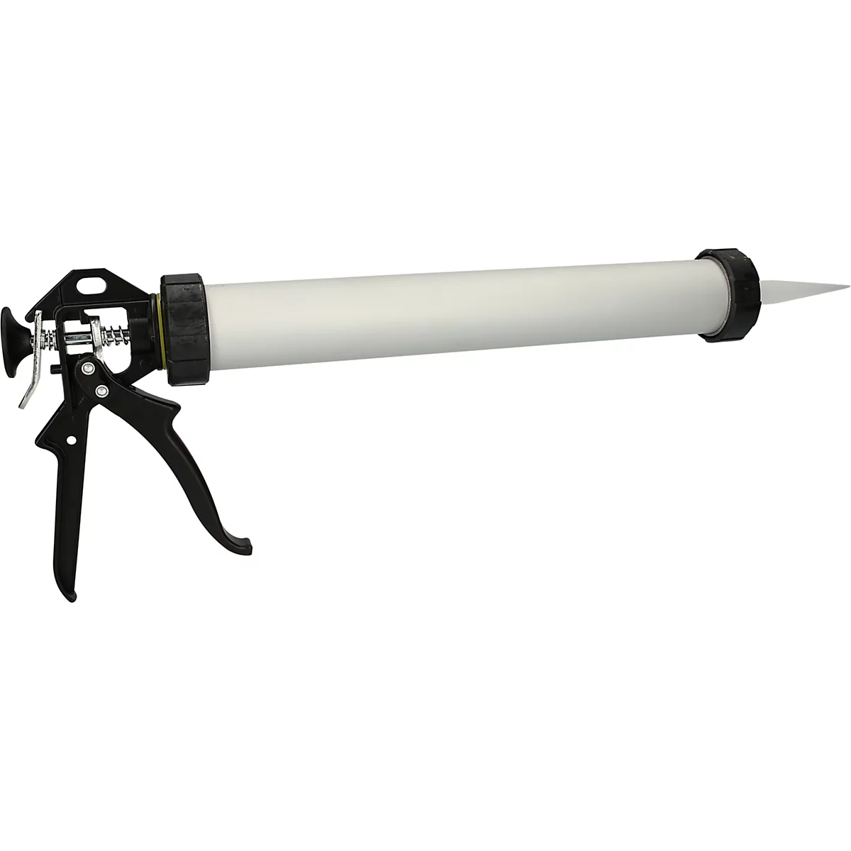 Eine schwarze und weiße Kartuschenpistole, mit weißem Gehäuse und schwarzem Griff.